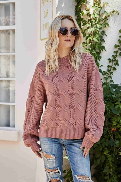 Mixed Knit Crewneck Drop Shoulder Sweater - SHE BADDY© ONLINE WOMEN FASHION & CLOTHING STORE