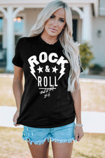 ROCK & ROLL Graphic Round Neck Short Sleeve Tee - SHE BADDY© ONLINE WOMEN FASHION & CLOTHING STORE