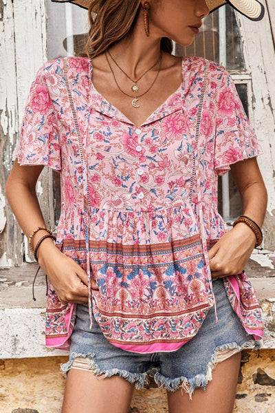 Bohemian Decorative Button Tie-Neck Peplum Blouse - SHE BADDY© ONLINE WOMEN FASHION & CLOTHING STORE