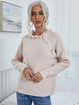 Button Detail Frill Neck Rib-Knit Sweater - SHE BADDY© ONLINE WOMEN FASHION & CLOTHING STORE