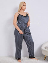 Plus Size Vertical Stripe Lace Trim Cami and Pants Pajama Set - SHE BADDY© ONLINE WOMEN FASHION & CLOTHING STORE