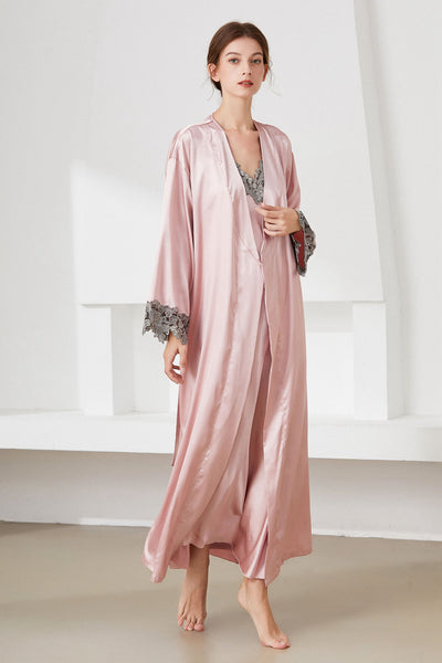 Contrast Lace Trim Satin Night Dress and Robe Set - SHE BADDY© ONLINE WOMEN FASHION & CLOTHING STORE