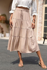 Elastic Waist Tiered Midi Skirt - SHE BADDY© ONLINE WOMEN FASHION & CLOTHING STORE