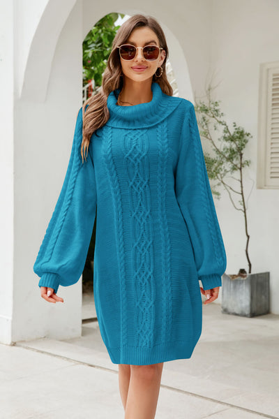 Mixed Knit Turtleneck Lantern Sleeve Sweater Dress - SHE BADDY© ONLINE WOMEN FASHION & CLOTHING STORE