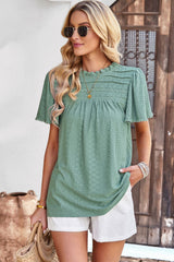 Frill Trim Round Neck Eyelet Puff Sleeve Blouse - SHE BADDY© ONLINE WOMEN FASHION & CLOTHING STORE