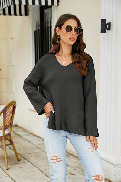 Drop Shoulder V-Neck Knit Pullover - SHE BADDY© ONLINE WOMEN FASHION & CLOTHING STORE