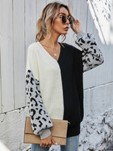 Leopard Color Block V-Neck Tunic Pullover Sweater - SHE BADDY© ONLINE WOMEN FASHION & CLOTHING STORE