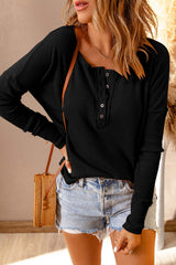 Half Button Waffle Knit Long Sleeve Top - SHE BADDY© ONLINE WOMEN FASHION & CLOTHING STORE