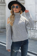 Cold Shoulder Textured Turtleneck Sweater - SHE BADDY© ONLINE WOMEN FASHION & CLOTHING STORE