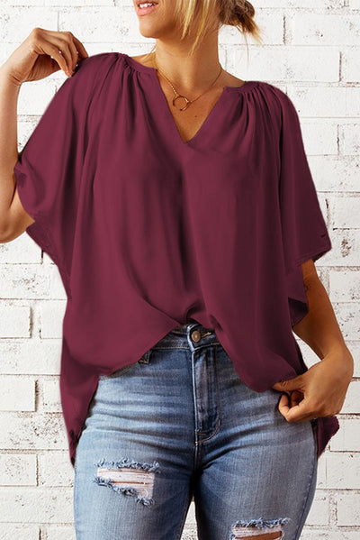 Gathered Detail Notched Neck Flutter Sleeve Top - SHE BADDY© ONLINE WOMEN FASHION & CLOTHING STORE