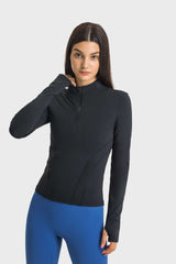 Half Zip Thumbhole Sleeve Sports Top - SHE BADDY© ONLINE WOMEN FASHION & CLOTHING STORE