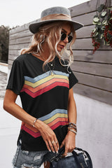 Multicolored Chevron Stripe Round Neck Side Slit T-Shirt - SHE BADDY© ONLINE WOMEN FASHION & CLOTHING STORE