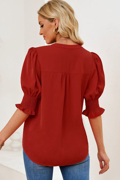 Smocked Flounce Sleeve Notched Neck Blouse - SHE BADDY© ONLINE WOMEN FASHION & CLOTHING STORE