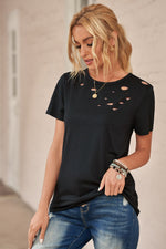 Distressed Short Sleeve Round Neck Tee - SHE BADDY© ONLINE WOMEN FASHION & CLOTHING STORE