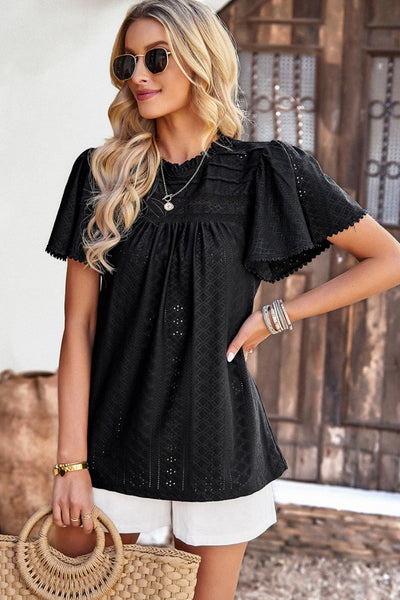 Frill Trim Round Neck Eyelet Puff Sleeve Blouse - SHE BADDY© ONLINE WOMEN FASHION & CLOTHING STORE