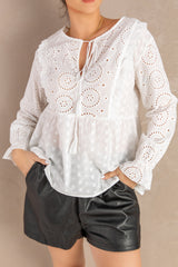 Eyelet Tie-Neck Long Flounce Sleeve Peplum Blouse - SHE BADDY© ONLINE WOMEN FASHION & CLOTHING STORE