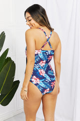 Floral Crisscross Spliced Mesh One-Piece Swimsuit - SHE BADDY© ONLINE WOMEN FASHION & CLOTHING STORE