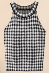 Plaid Round Neck Sleeveless Knit Top - SHE BADDY© ONLINE WOMEN FASHION & CLOTHING STORE