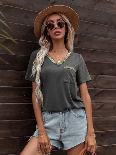 Glitter V-Neck Short Sleeve Tee Shirt - SHE BADDY© ONLINE WOMEN FASHION & CLOTHING STORE