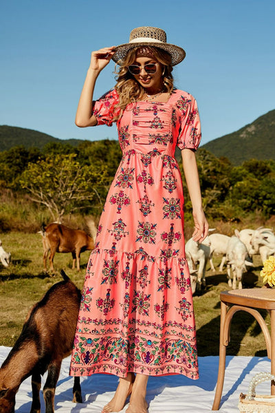 Floral Ruched Puff Sleeve Tiered Maxi Dress - SHE BADDY© ONLINE WOMEN FASHION & CLOTHING STORE