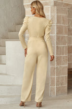 Belted Long Puff Sleeve V-Neck Jumpsuit - SHE BADDY© ONLINE WOMEN FASHION & CLOTHING STORE