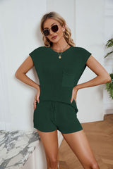 Ribbed Round Neck Pocket Knit Top and Shorts Set - SHE BADDY© ONLINE WOMEN FASHION & CLOTHING STORE