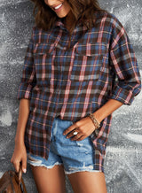 Plaid Slit High-Low Shirt with Pockets - SHE BADDY© ONLINE WOMEN FASHION & CLOTHING STORE