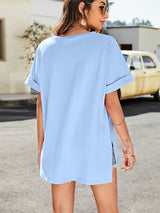 High-Low Side Slit V-Neck Tee - SHE BADDY© ONLINE WOMEN FASHION & CLOTHING STORE