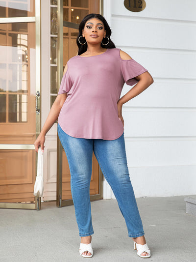 Plus Size Cold-Shoulder Round Neck Curved Hem Tee - SHE BADDY© ONLINE WOMEN FASHION & CLOTHING STORE