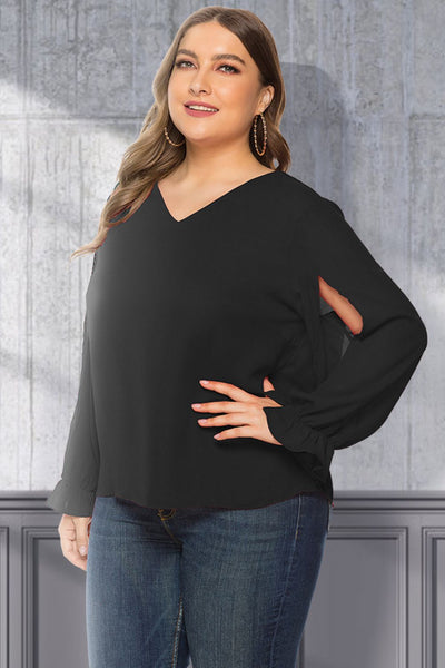 Plus Size Cutout Flounce Sleeve Blouse - SHE BADDY© ONLINE WOMEN FASHION & CLOTHING STORE