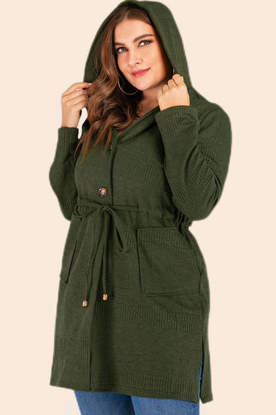 Plus Size Drawstring Waist Hooded Cardigan with Pockets - SHE BADDY© ONLINE WOMEN FASHION & CLOTHING STORE