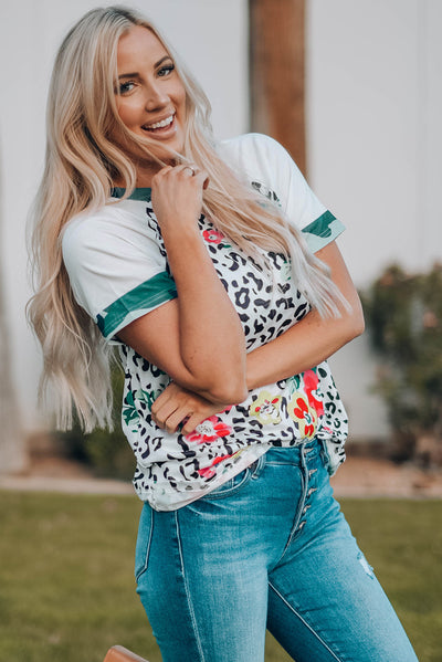 Floral Leopard Short Raglan Sleeve T-Shirt - SHE BADDY© ONLINE WOMEN FASHION & CLOTHING STORE