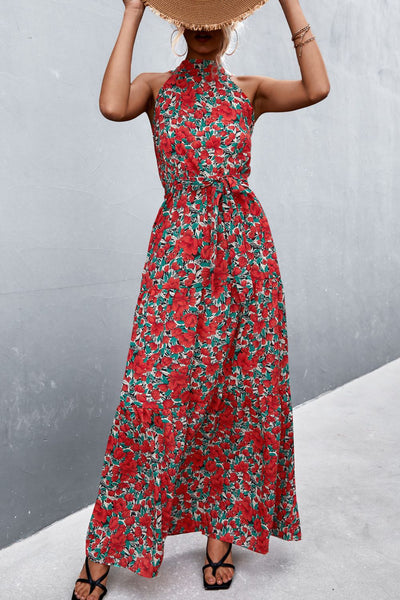 Printed Sleeveless Tie Waist Maxi Dress - SHE BADDY© ONLINE WOMEN FASHION & CLOTHING STORE