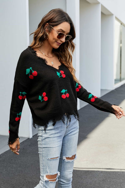 Cherry Pattern Frayed Trim V-Neck Sweater - SHE BADDY© ONLINE WOMEN FASHION & CLOTHING STORE