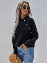 Button Detail Frill Neck Rib-Knit Sweater - SHE BADDY© ONLINE WOMEN FASHION & CLOTHING STORE