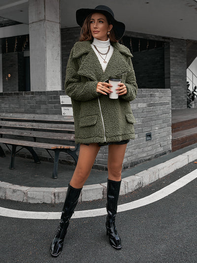 Zip-Up Collared Teddy Jacket - SHE BADDY© ONLINE WOMEN FASHION & CLOTHING STORE