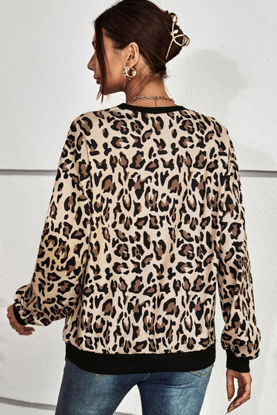 Leopard Round Neck Dropped Shoulder Sweatshirt - SHE BADDY© ONLINE WOMEN FASHION & CLOTHING STORE