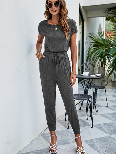 Drawstring Waist Short Sleeve Jogger Jumpsuit - SHE BADDY© ONLINE WOMEN FASHION & CLOTHING STORE