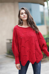 Openwork Boat Neck Sweater with Scalloped Hem - SHE BADDY© ONLINE WOMEN FASHION & CLOTHING STORE