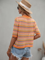 Striped Openwork Half Sleeve Knit Top - SHE BADDY© ONLINE WOMEN FASHION & CLOTHING STORE