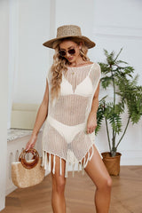 Fringe Trim Openwork Cover-Up Dress - SHE BADDY© ONLINE WOMEN FASHION & CLOTHING STORE