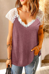 Scalloped Spliced Lace V-Neck Top - SHE BADDY© ONLINE WOMEN FASHION & CLOTHING STORE