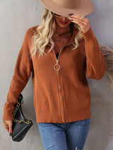 Rib-Knit Zip Up Collared Cardigan - SHE BADDY© ONLINE WOMEN FASHION & CLOTHING STORE