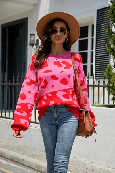 Leopard Ribbed Trim Dropped Shoulder Sweater - SHE BADDY© ONLINE WOMEN FASHION & CLOTHING STORE