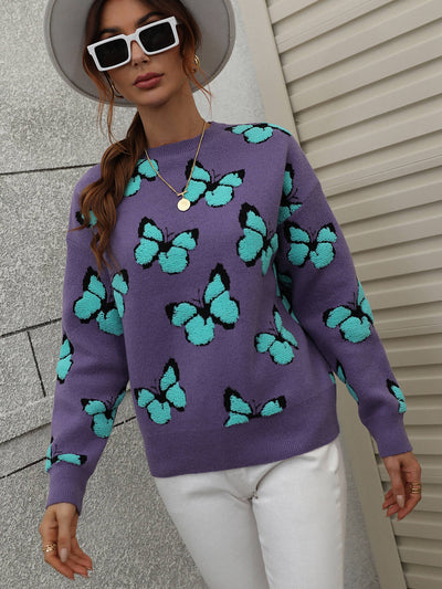 Butterfly Dropped Shoulder Crewneck Sweater - SHE BADDY© ONLINE WOMEN FASHION & CLOTHING STORE