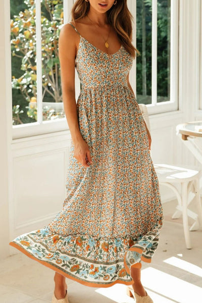 Bohemian Spaghetti Strap Frill Trim Maxi Dress - SHE BADDY© ONLINE WOMEN FASHION & CLOTHING STORE