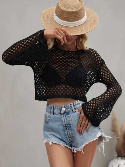 Openwork Flare Sleeve Cropped Cover Up - SHE BADDY© ONLINE WOMEN FASHION & CLOTHING STORE