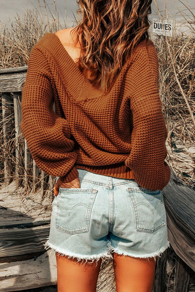 Rib-Knit Drop Shoulder V-Neck Sweater - SHE BADDY© ONLINE WOMEN FASHION & CLOTHING STORE