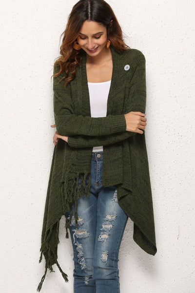 One-Button Tassel Tie Asymmetrical Hem Cardigan - SHE BADDY© ONLINE WOMEN FASHION & CLOTHING STORE