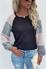 Contrast Leopard Print Waffle Knit Tee - SHE BADDY© ONLINE WOMEN FASHION & CLOTHING STORE